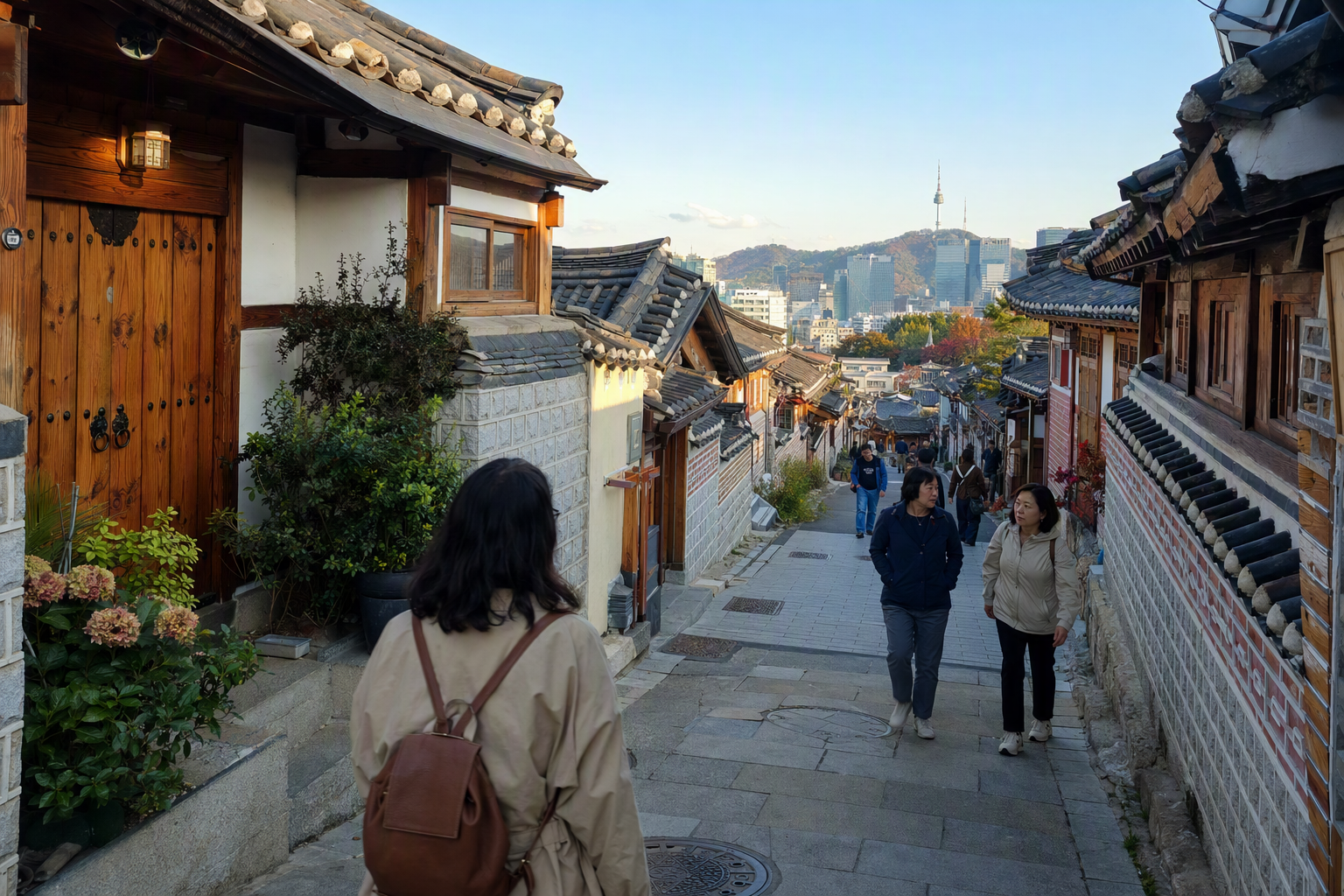 Bright, vibrant, photorealistic Bukchon Hanok Village lane, traditional tiled roofs with modern Seoul skyline behind, soft afternoon light, stylish travel mood,