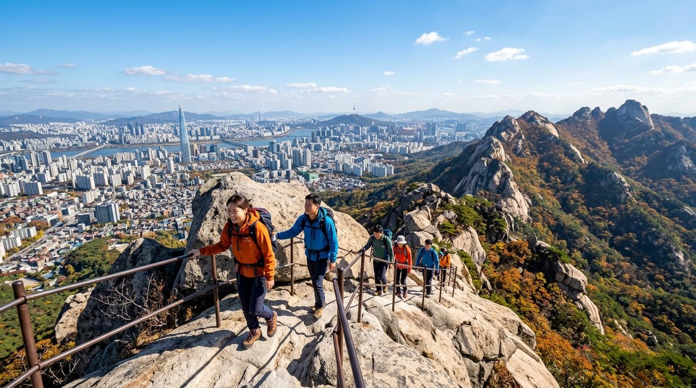 Bright, vibrant, photorealistic Bukhansan trail overlooking Seoul, rocky peak, hikers and sweeping city view under clear sky, outdoor travel mood, no Korean tex