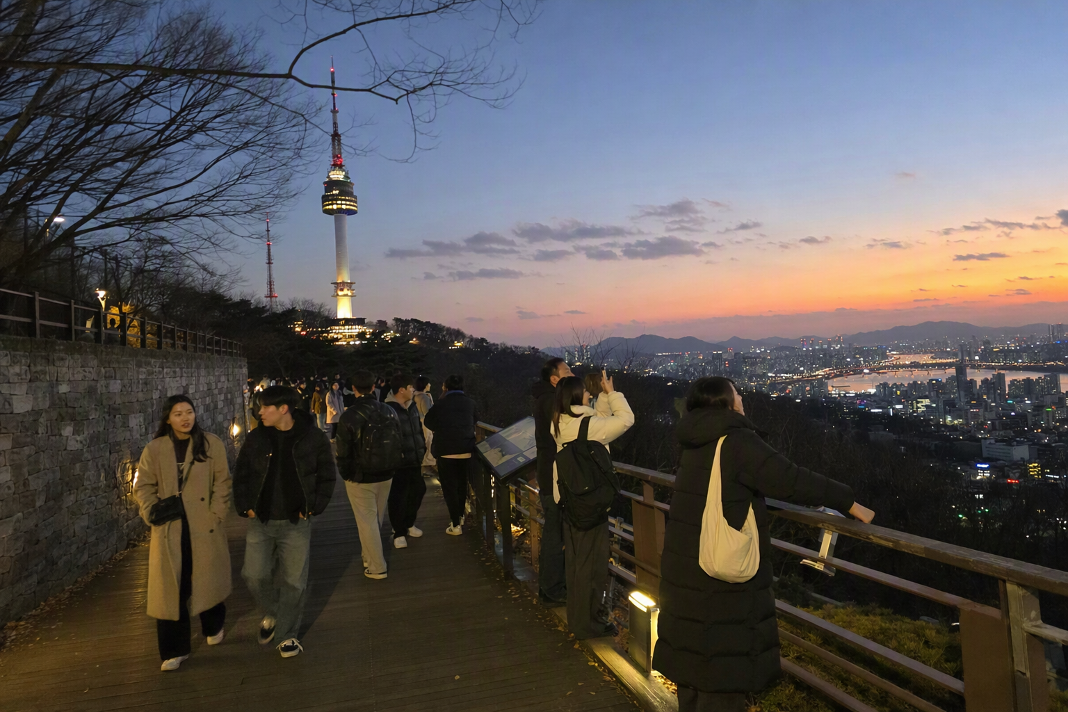 Bright, vibrant, photorealistic N Seoul Tower at sunset, sweeping city view from Namsan, glowing skyline and evening walkers, romantic urban atmosphere, no Kore