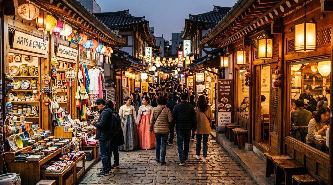 Bright, vibrant, photorealistic Insadong street scene, traditional storefronts, warm lantern glow, tea-house and craft-shop atmosphere, inviting travel editoria