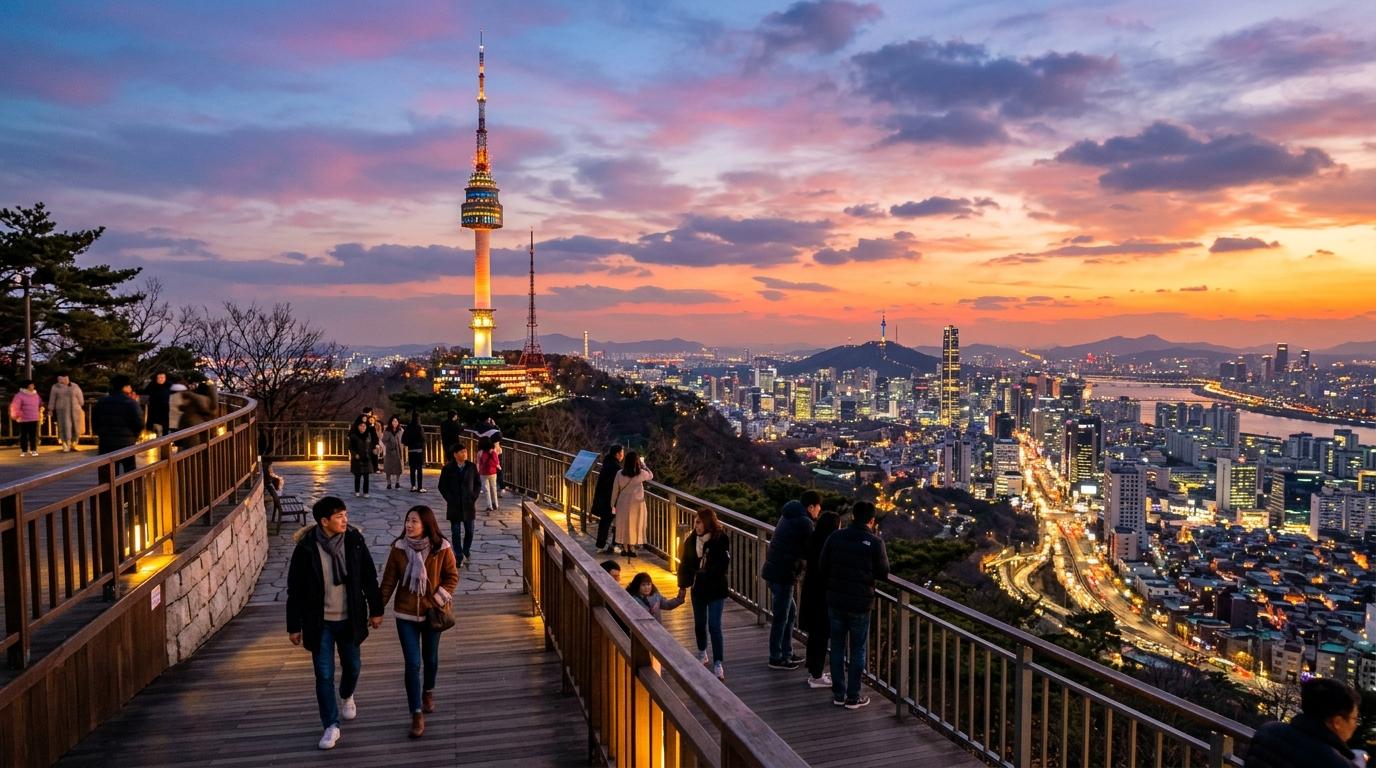 Bright, vibrant, photorealistic N Seoul Tower at sunset, sweeping city view from Namsan, glowing skyline and evening walkers, romantic urban atmosphere, no Kore