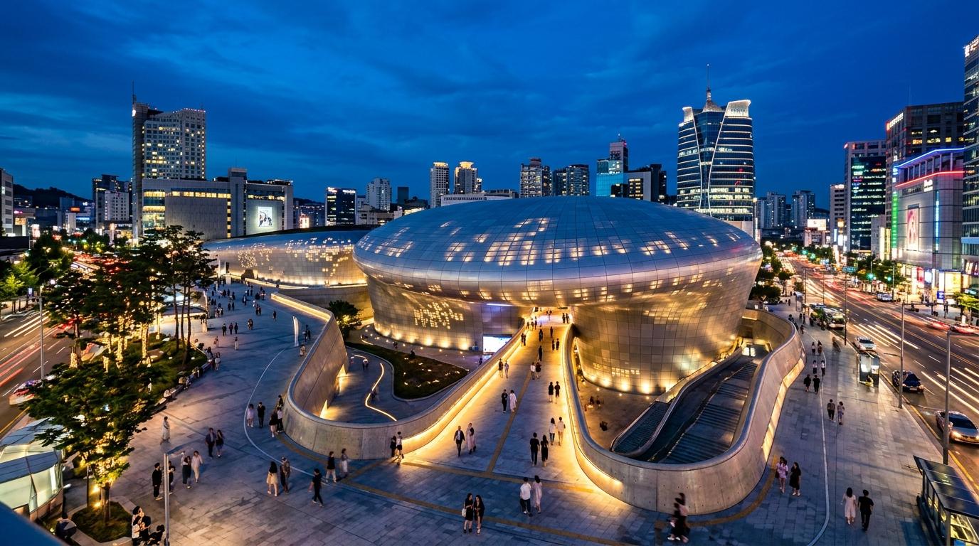 Bright, vibrant, photorealistic Dongdaemun Design Plaza at blue hour, futuristic curves lit against the night, stylish architectural city scene, no Korean text