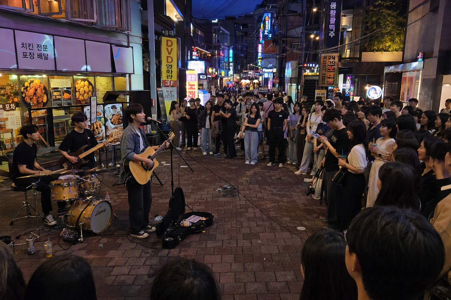 Bright, vibrant, photorealistic Hongdae evening street scene, buskers performing, neon lights, youthful crowd and cafe signs, lively nightlife mood, no Korean t