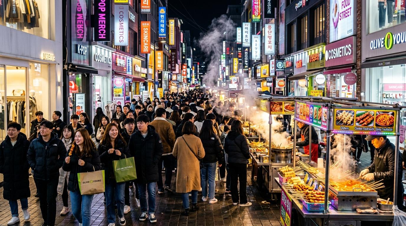 Bright, vibrant, photorealistic Myeongdong night street, colorful shop lights, busy food stalls, shoppers and steam rising from snacks, energetic urban mood, no