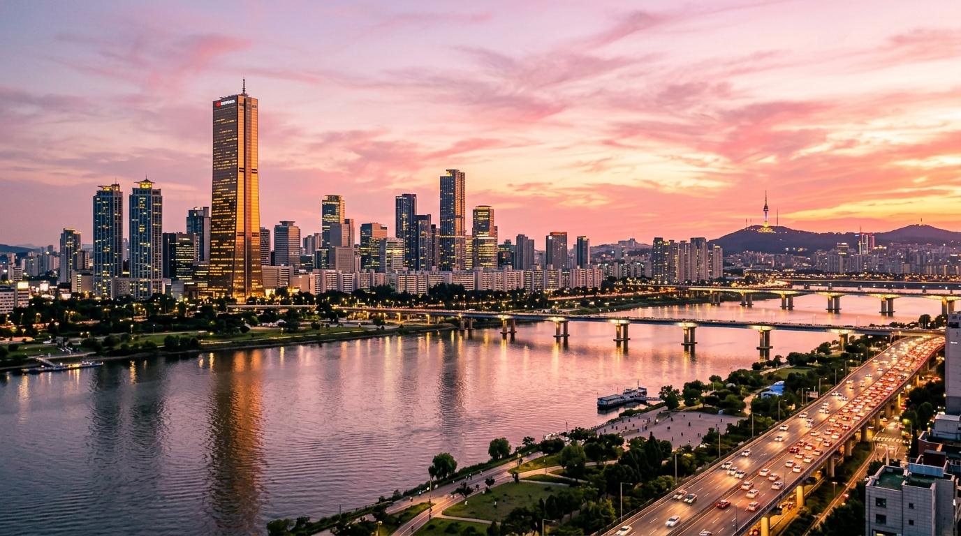 Bright, vibrant, photorealistic Seoul skyline at sunset, Han River reflecting city lights, modern towers under a warm pink sky, editorial travel mood, no Korean