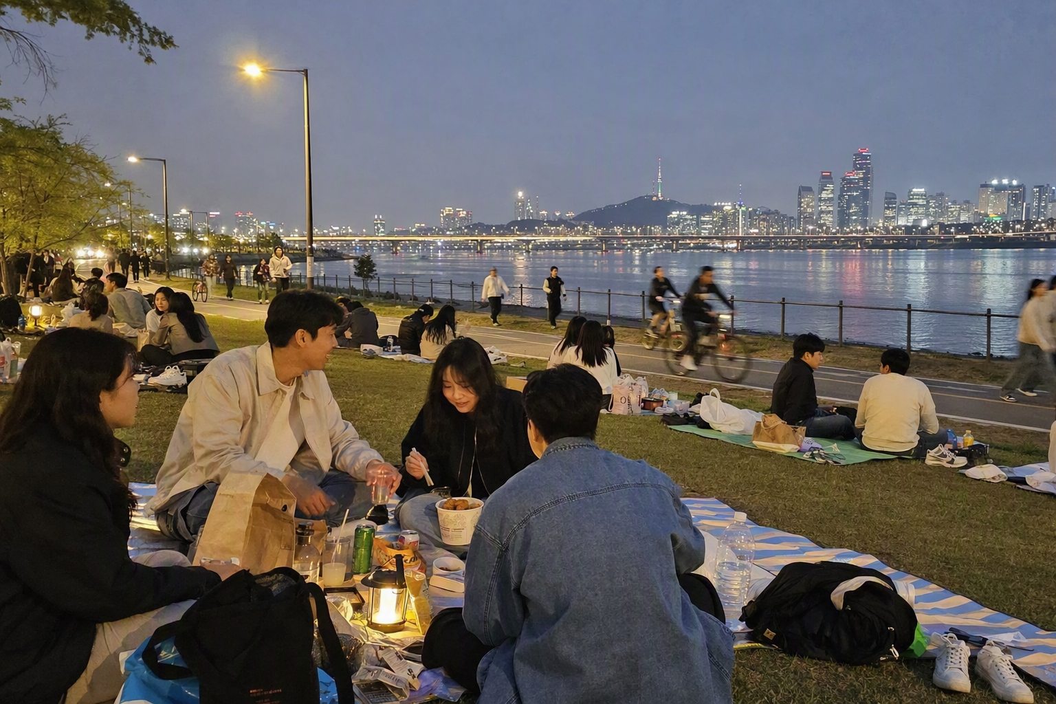 Bright, vibrant, photorealistic Han River park at dusk, picnic blankets, cyclists, glowing skyline across the water, relaxed local atmosphere, no Korean text