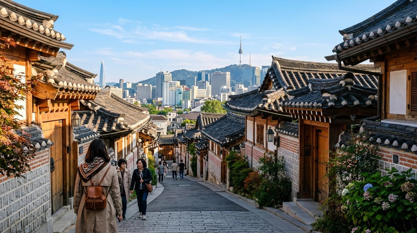 Bright, vibrant, photorealistic Bukchon Hanok Village lane, traditional tiled roofs with modern Seoul skyline behind, soft afternoon light, stylish travel mood,