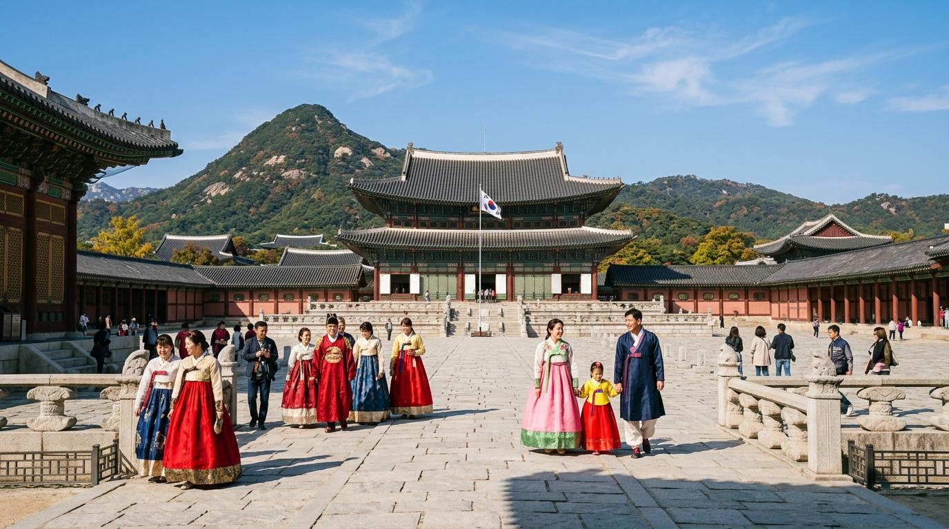 Bright, vibrant, photorealistic view of Gyeongbokgung palace courtyard in clear daylight, visitors in colorful hanbok, mountains beyond the rooftops, elegant tr