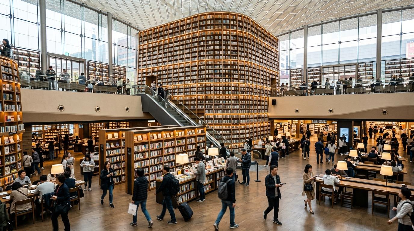 Bright, vibrant, photorealistic COEX Starfield Library interior, soaring bookshelves, modern design, lively travelers and warm lighting, upscale Seoul mood, no