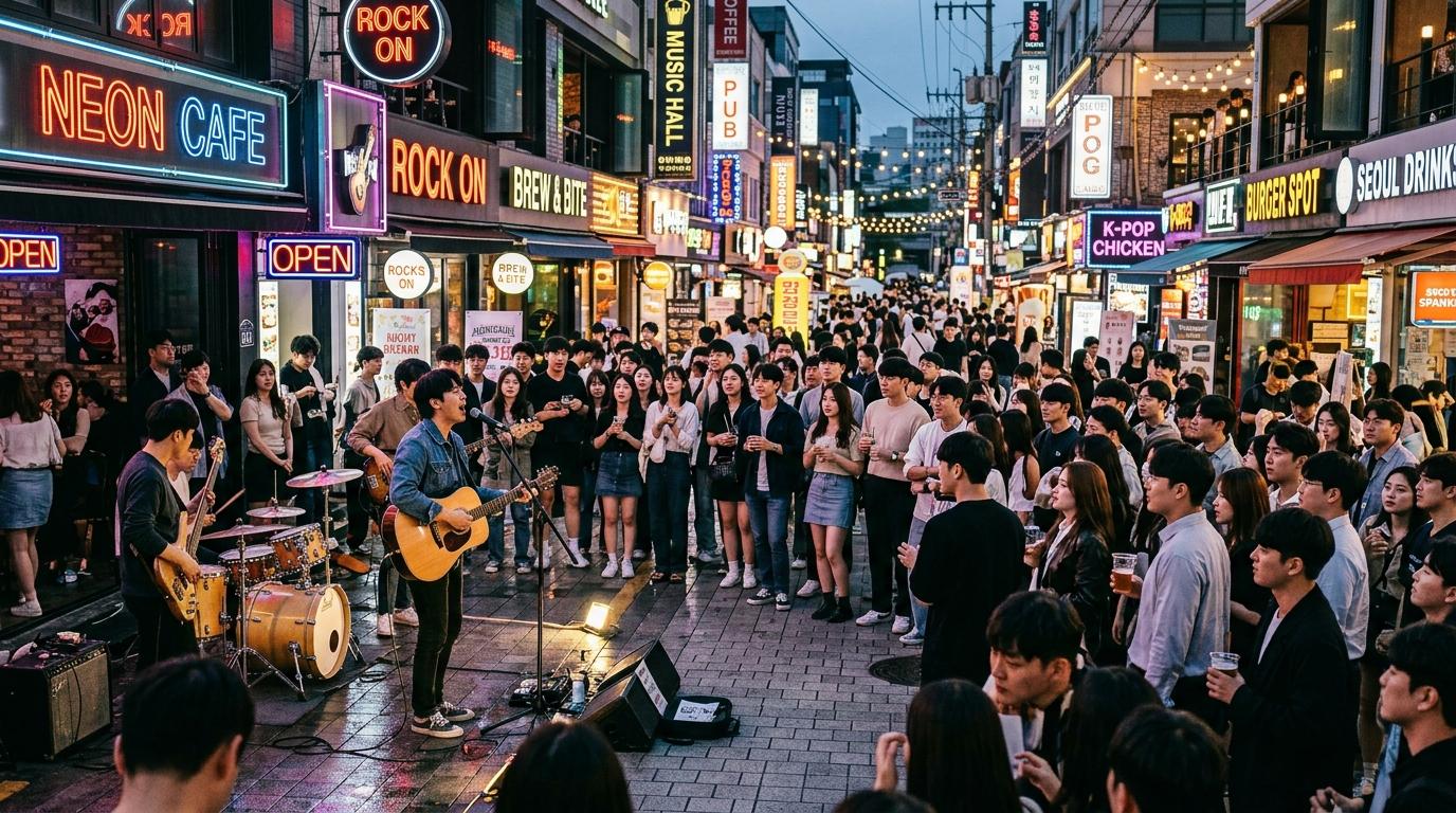Bright, vibrant, photorealistic Hongdae evening street scene, buskers performing, neon lights, youthful crowd and cafe signs, lively nightlife mood, no Korean t