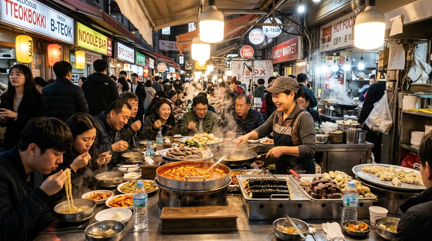 Bright, vibrant, photorealistic Gwangjang Market food alley, steaming Korean dishes, busy counters and locals eating, lively market atmosphere, no Korean text