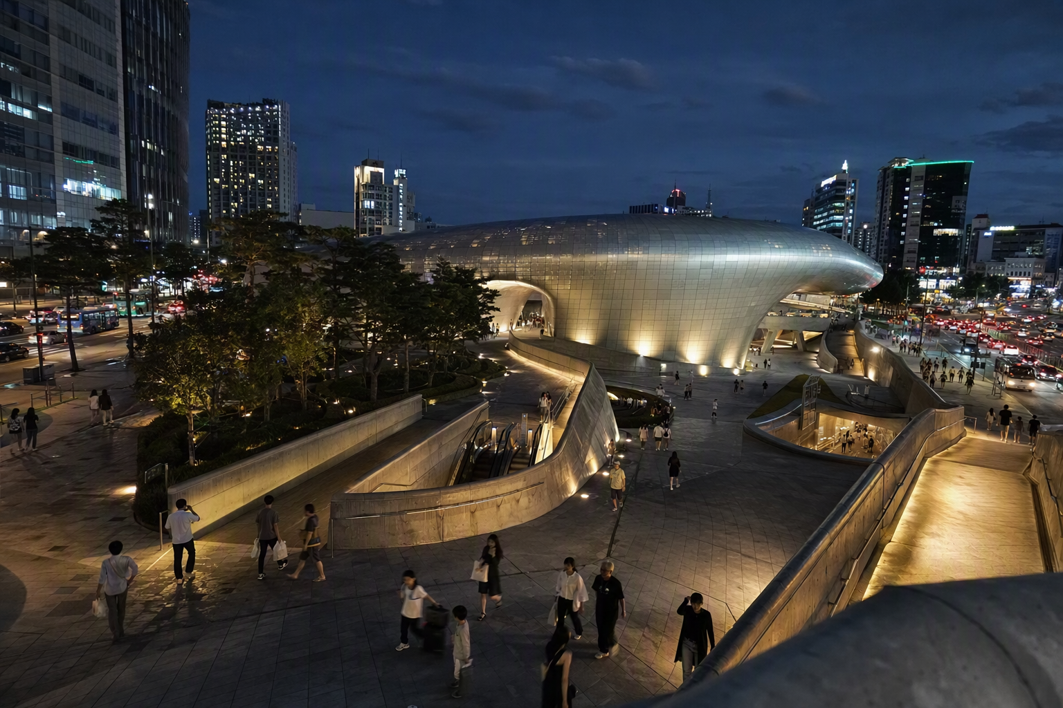 Bright, vibrant, photorealistic Dongdaemun Design Plaza at blue hour, futuristic curves lit against the night, stylish architectural city scene, no Korean text