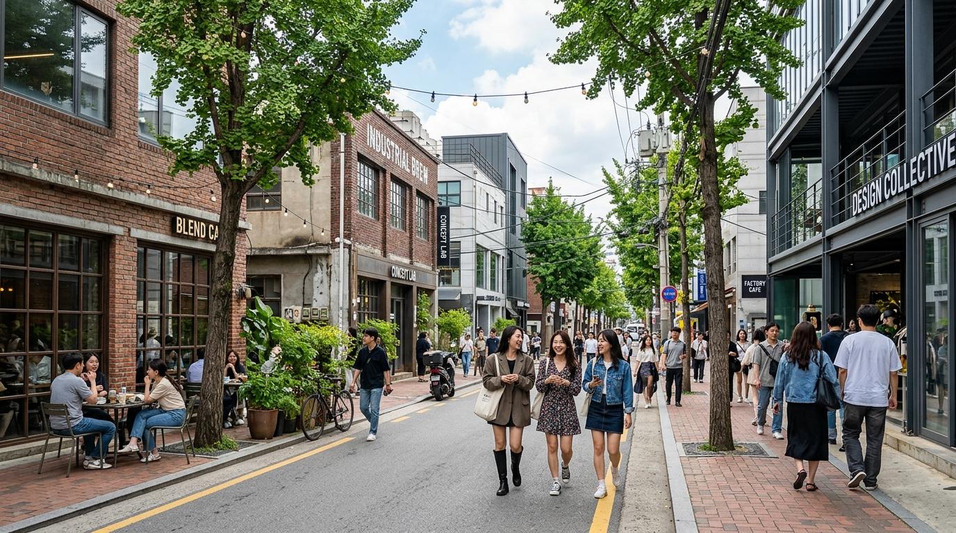 Bright, vibrant, photorealistic Seongsu street with industrial cafes, concept stores, leafy sidewalks, stylish young crowd, modern Seoul atmosphere, no Korean t