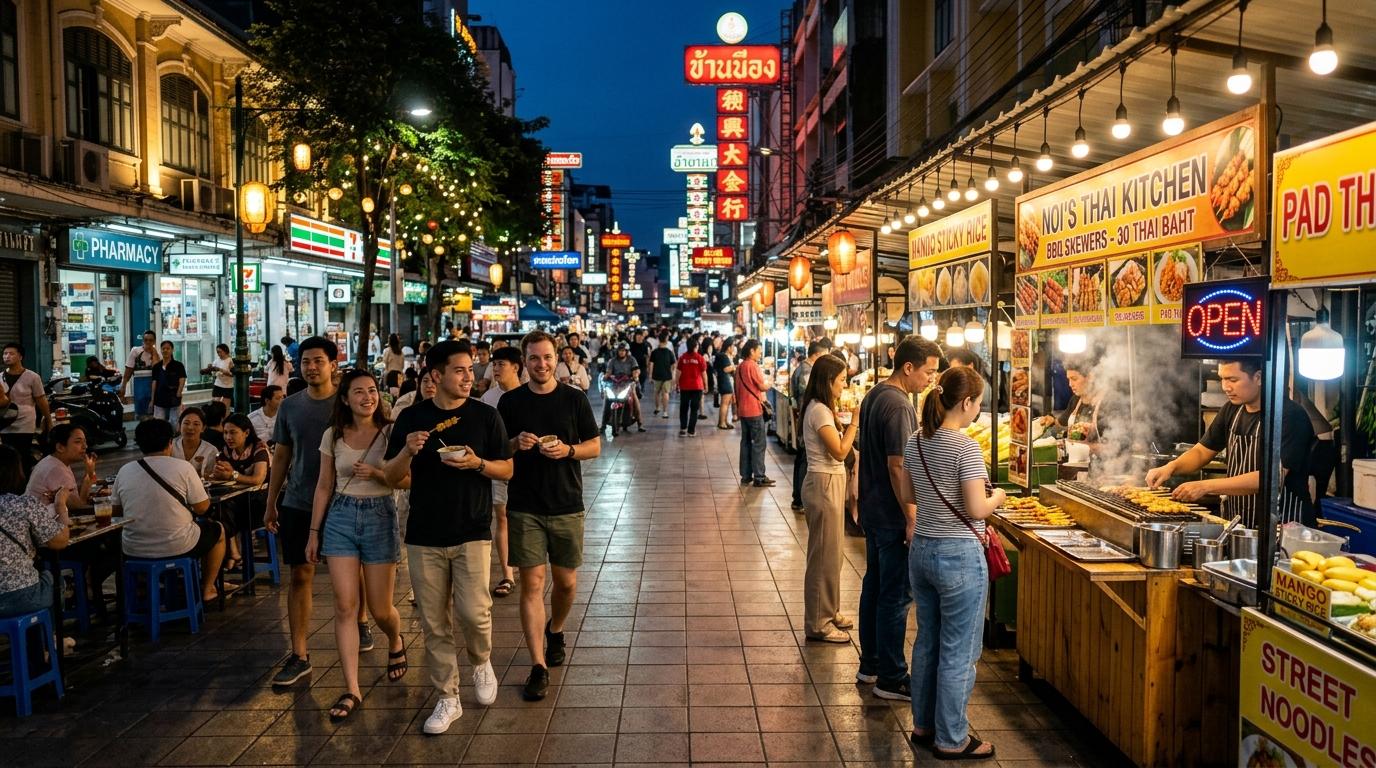 Photorealistic street scene with tidy food stall setup, clear pedestrian walkway, respectful crowd enjoying snacks, early evening ambiance