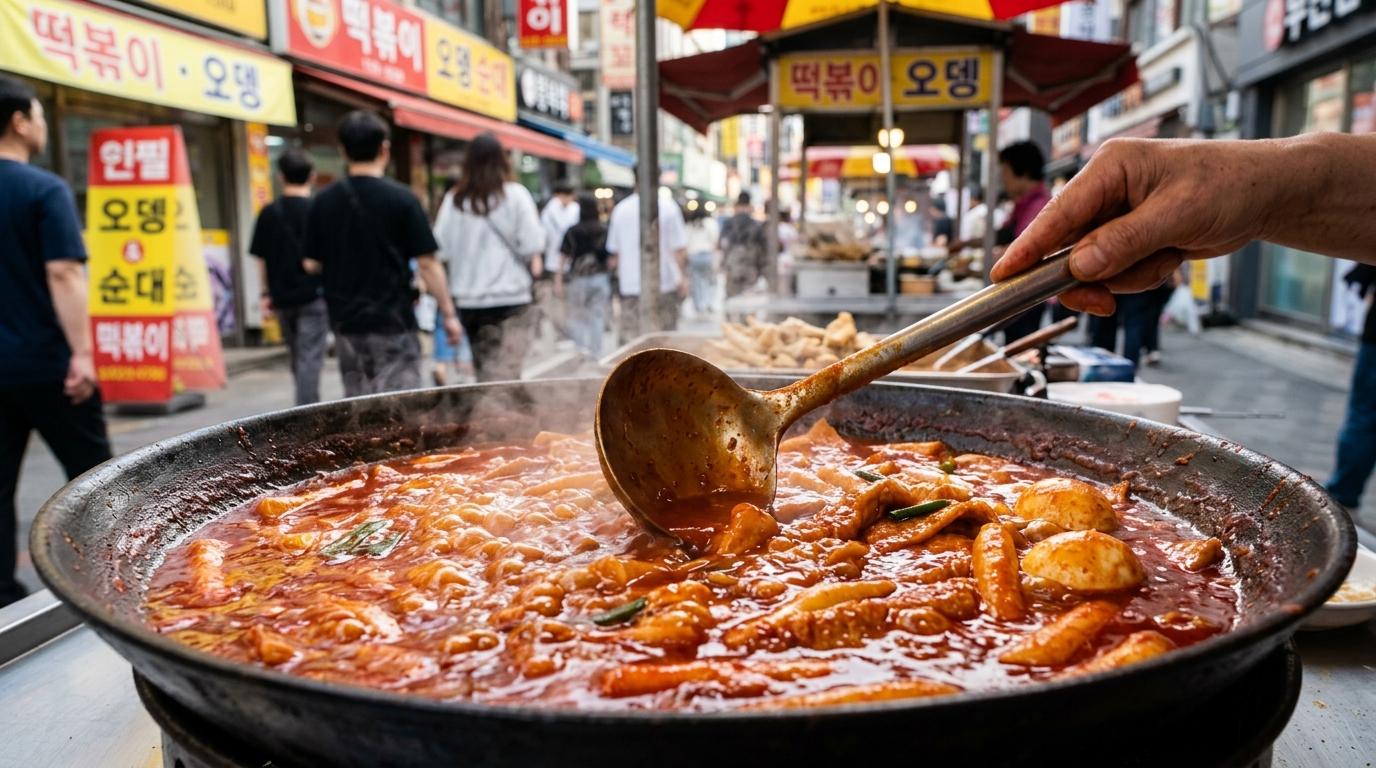 Photorealistic close-up of bubbling tteokbokki in a large pan, ladle stirring glossy red sauce, steam and afternoon street reflections