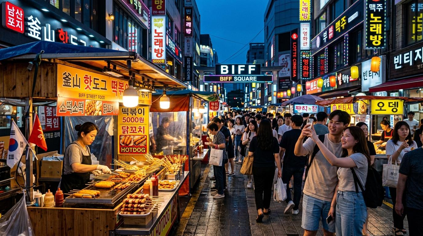 Vibrant photorealistic street scene at Busan BIFF Square with snack stalls, skewers, and neon signs at dusk, lively tourists taking photos