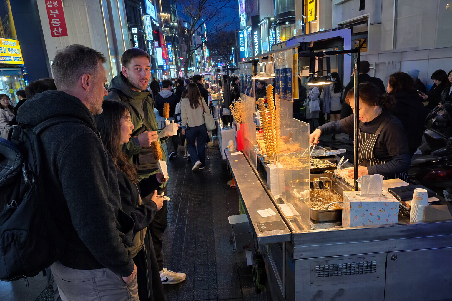 Vibrant photorealistic street stall in Myeongdong serving Korean corn dogs and tornado potatoes, neon glow, excited shoppers at dusk