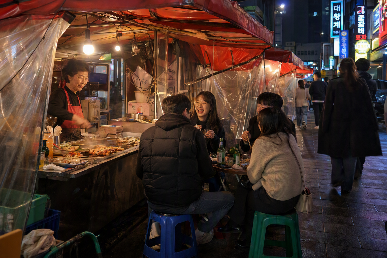 Photorealistic night scene of tented Korean street bars (pojangmacha) with red-orange canopies, sizzling pans, small stools, friends chatting over snacks