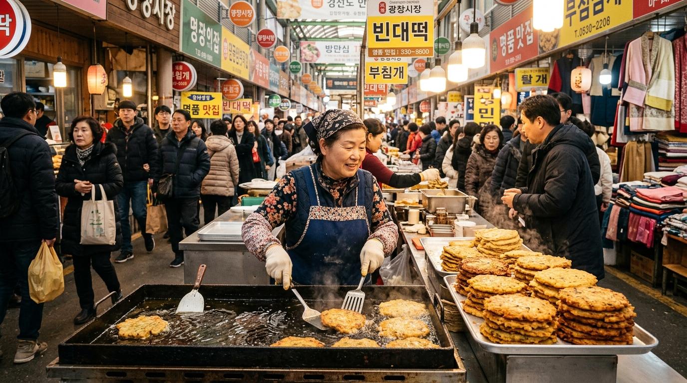 Photorealistic scene of Gwangjang Market with a vendor frying mung bean pancakes, stacks of golden jeon, busy morning crowd, warm light