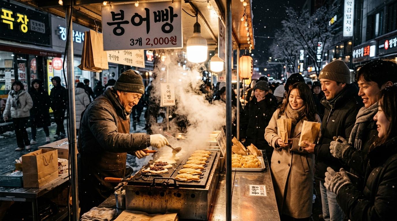 Photorealistic winter street stall making bungeoppang, steam rising in cold air, cozy crowd in coats, warm lights reflecting on metal griddle