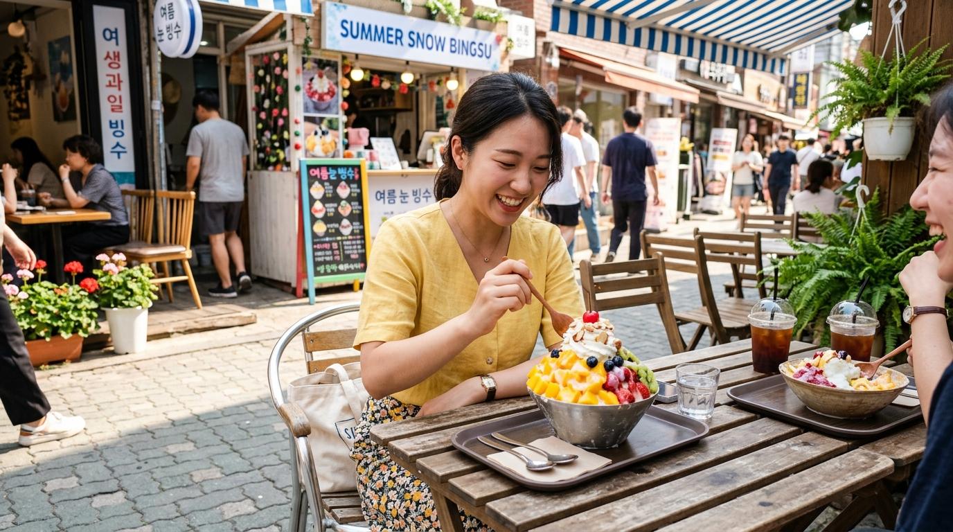 Photorealistic summer street dessert scene with colorful bingsu topped with fruit and condensed milk, bright daylight, casual outdoor seating