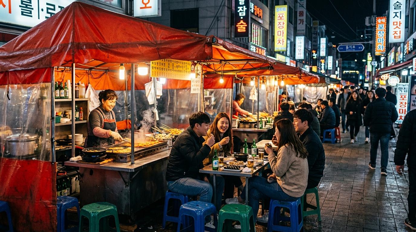 Photorealistic night scene of tented Korean street bars (pojangmacha) with red-orange canopies, sizzling pans, small stools, friends chatting over snacks