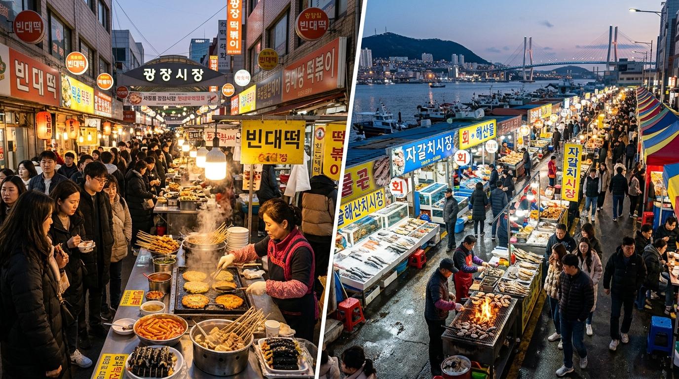 Bright photorealistic split-view of Seoul street market and Busan waterfront market scenes, lively crowds, sizzling food, evening atmosphere