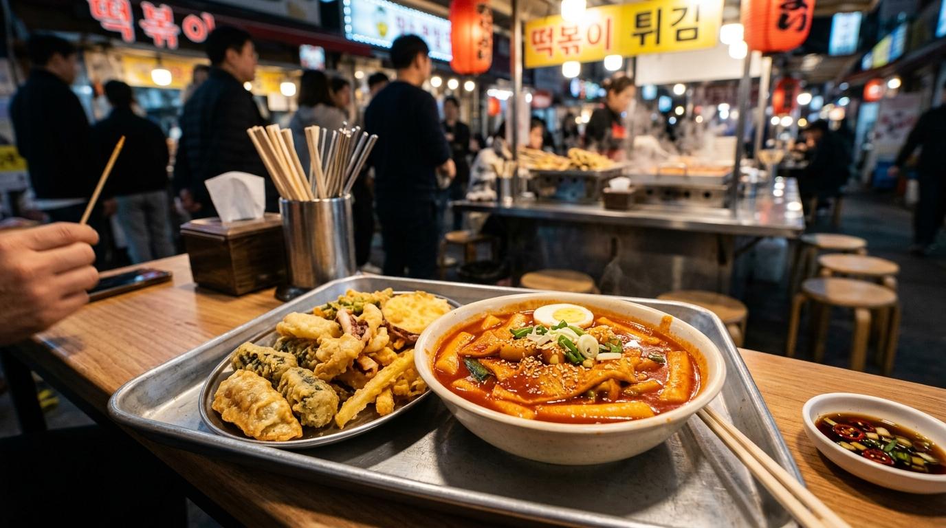 Photorealistic plate of spicy tteokbokki and assorted twigim on a metal tray, glossy red sauce, crispy fried pieces, casual street stall background
