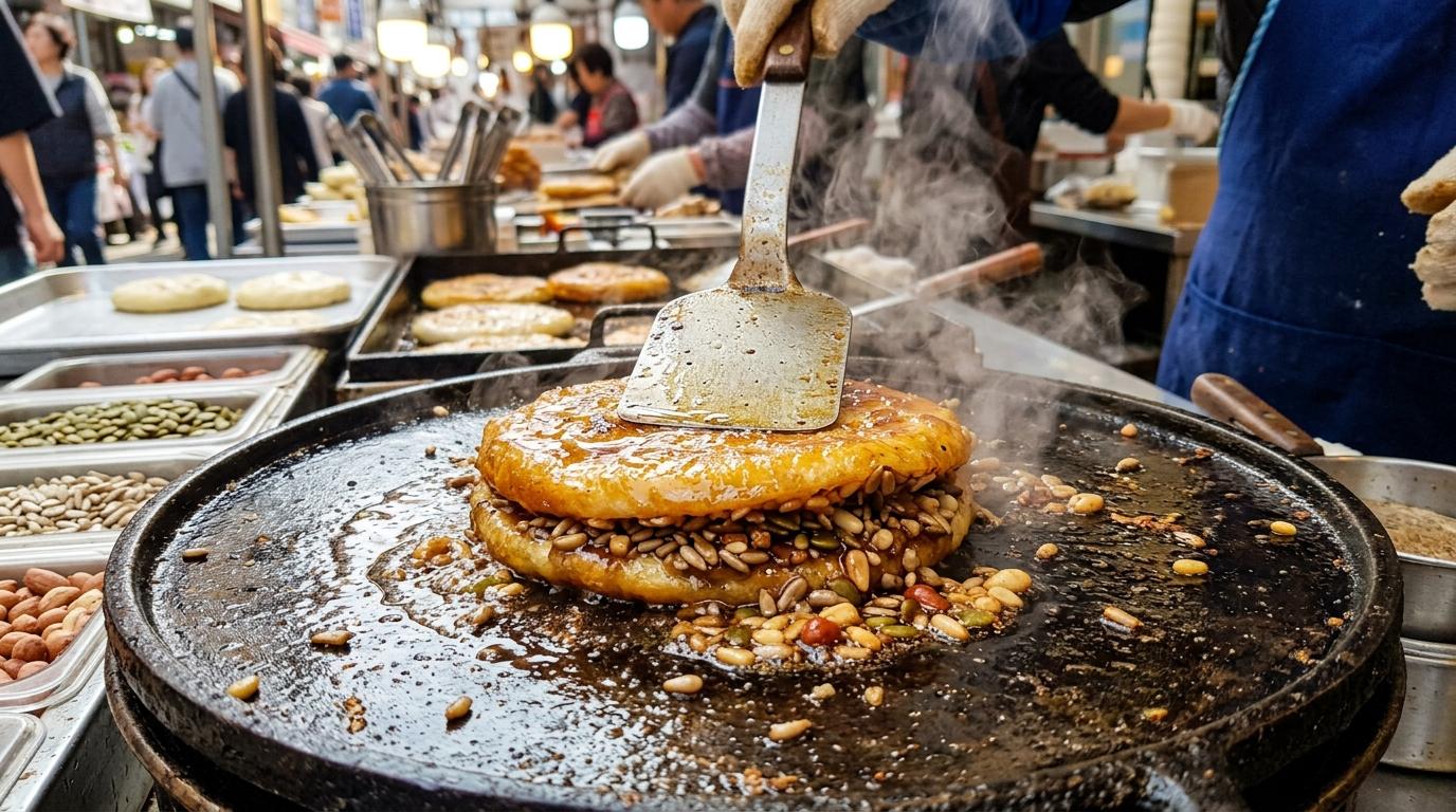 Bright photorealistic close-up of Busan seed hotteok being pressed on a griddle, golden and glossy with seeds spilling, steam rising