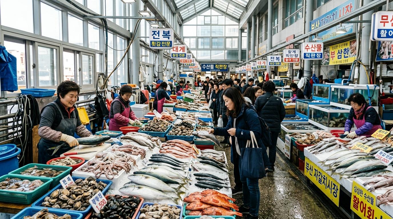 Photorealistic interior of Busan Jagalchi Market with fresh seafood displays, bustling vendors, and visitors choosing fish, bright natural light