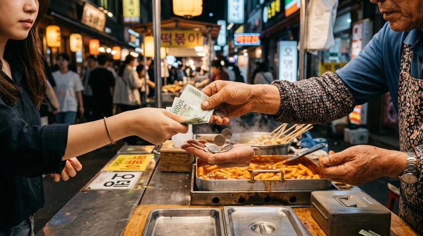 Photorealistic close-up of hands paying cash at a Korean street food cart, vendor handing change, warm lighting, shallow depth of field