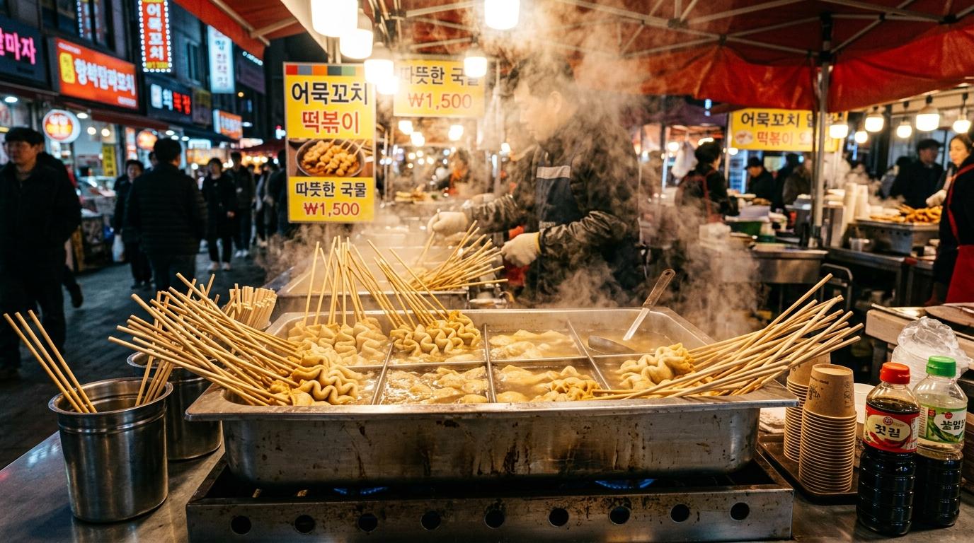 Photorealistic pot of fish cake skewers at a Korean stall, stainless steel broth pan, skewers leaning, warm steam and night market vibe