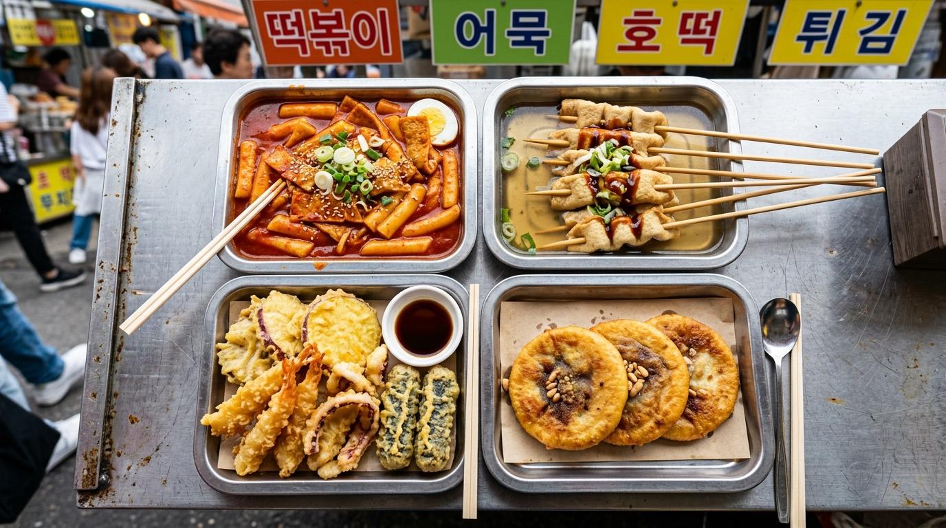 Photorealistic overhead of assorted Korean street snacks on metal trays: tteokbokki, fish cake skewers, hotteok, and twigim, bright and appetizing