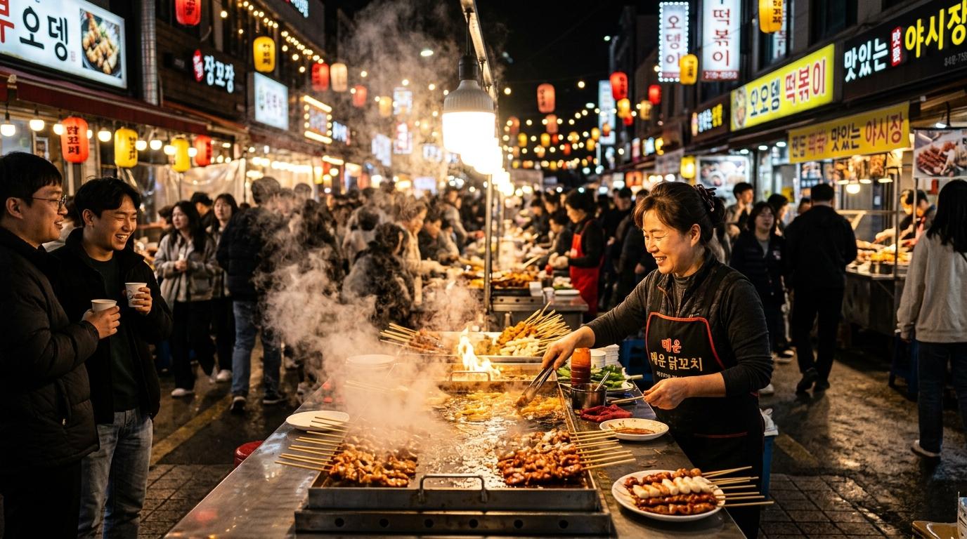 Vibrant photorealistic night market in Korea with sizzling griddles, steam, skewers, and a lively crowd under warm lights, shallow depth of field