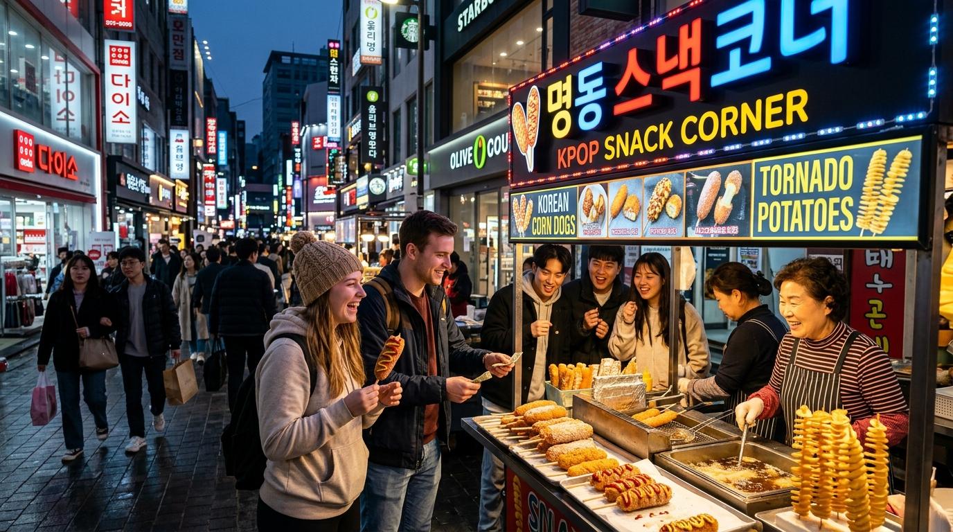 Vibrant photorealistic street stall in Myeongdong serving Korean corn dogs and tornado potatoes, neon glow, excited shoppers at dusk