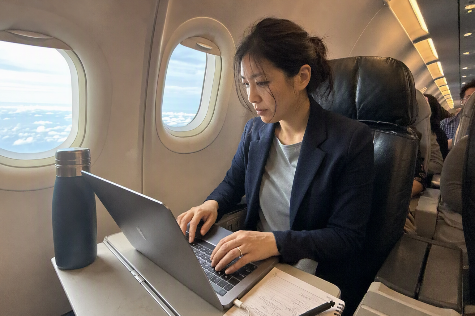 Business traveler working on a laptop at an airplane window seat, soft daylight over clouds, photorealistic, no text