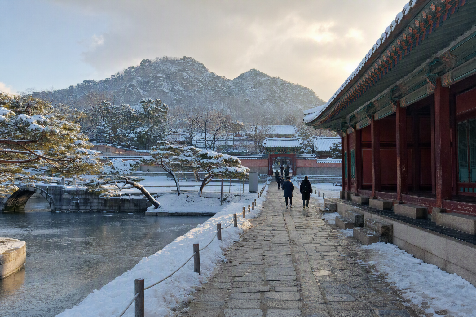 Peaceful winter morning in Seoul with light snow on traditional palace roofs, soft sunlight, photorealistic, no text