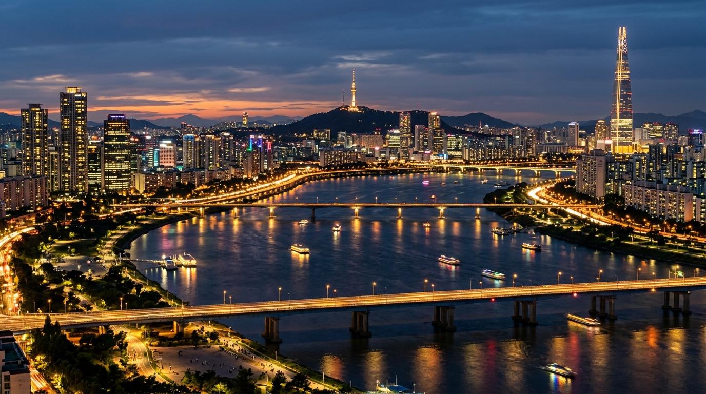 Evening view of Seoul skyline with the Han River and city lights, warm glow, photorealistic, no text
