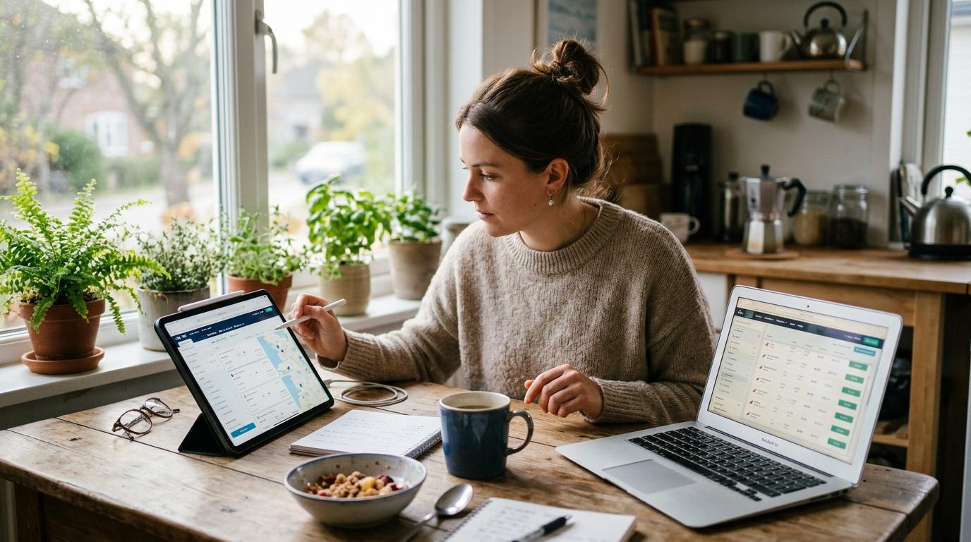 Traveler comparing fares on a tablet and a laptop at a kitchen table, morning light, photorealistic, no text