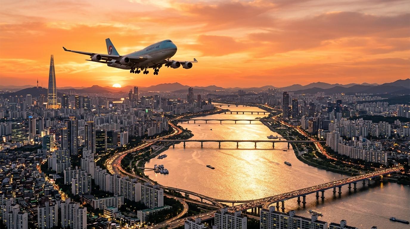 Airplane descending over Seoul skyline at sunset, Han River sparkling, bright orange sky, photorealistic, no text, no signage