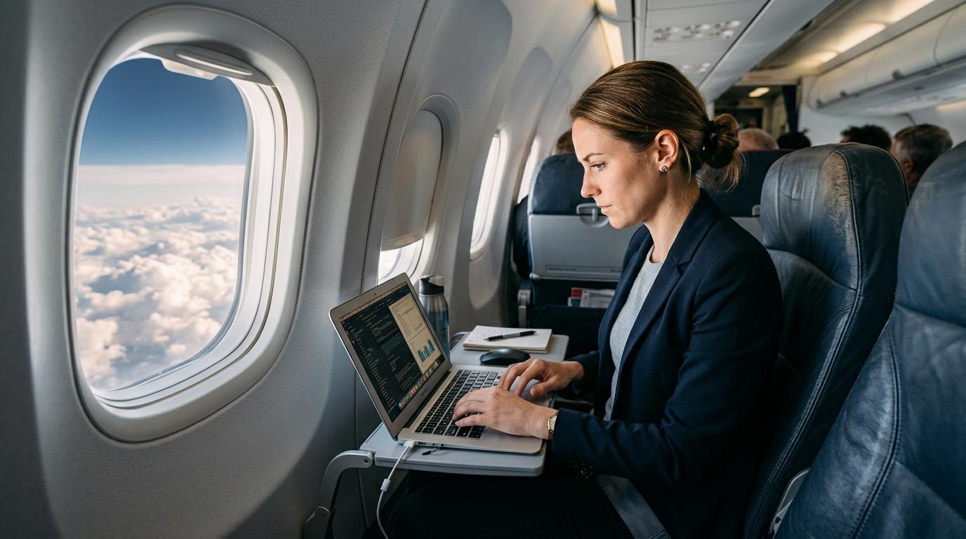 Business traveler working on a laptop at an airplane window seat, soft daylight over clouds, photorealistic, no text