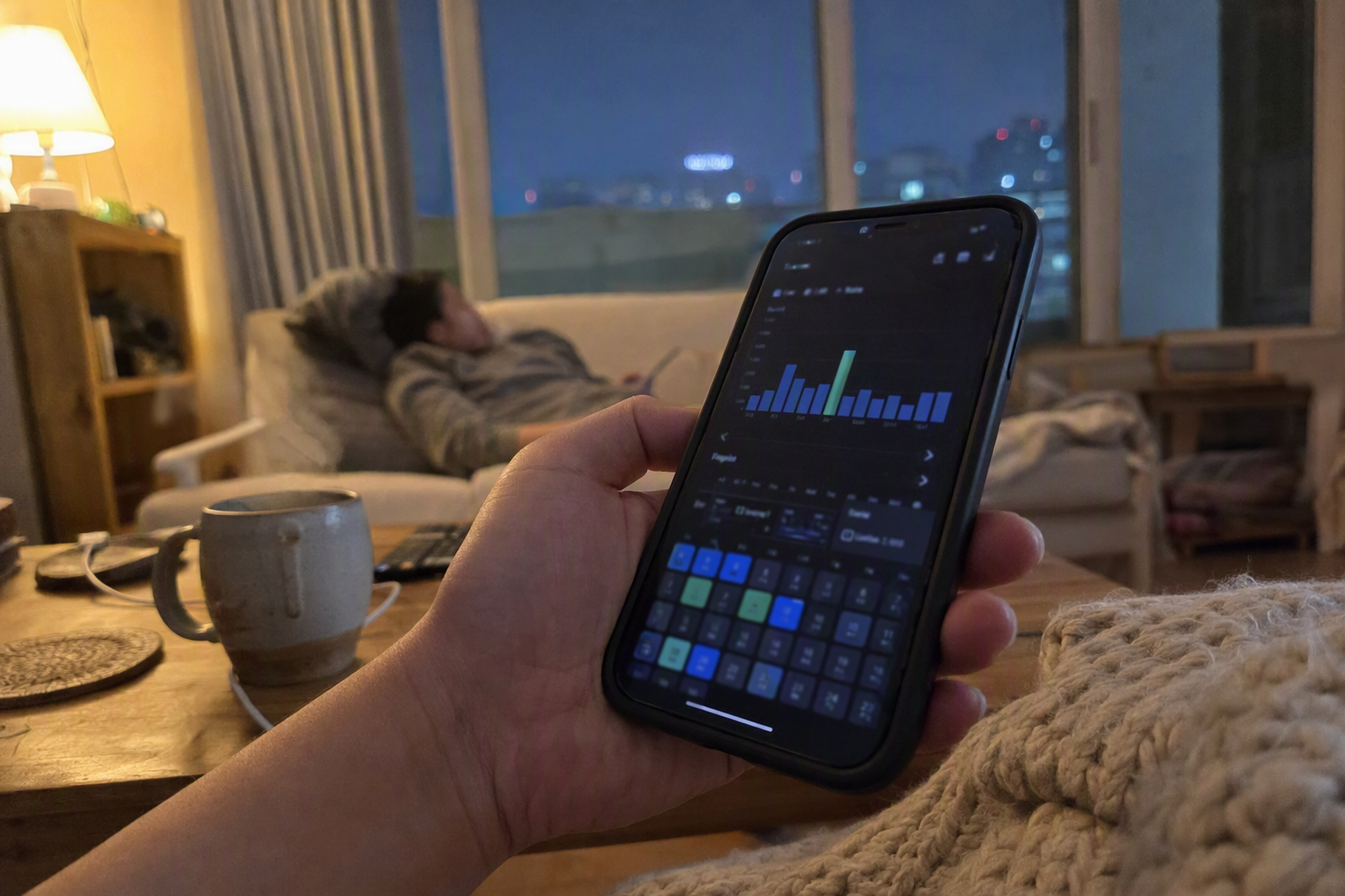 Close-up of a hand holding a smartphone with a blurred flight price graph, cozy evening light, photorealistic, no text