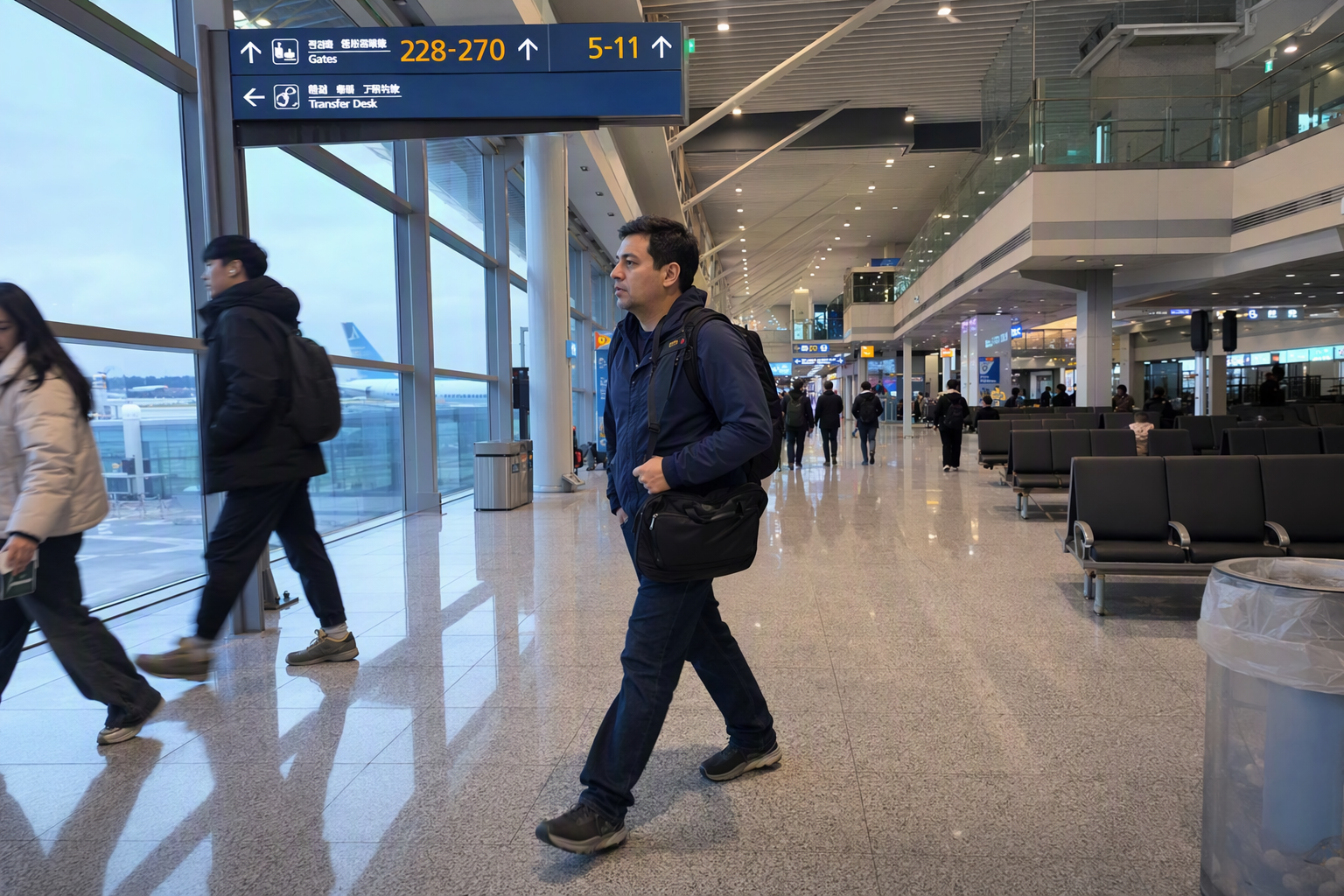 Passenger walking through a bright airport corridor with small carry-on, motion blur, photorealistic, no text