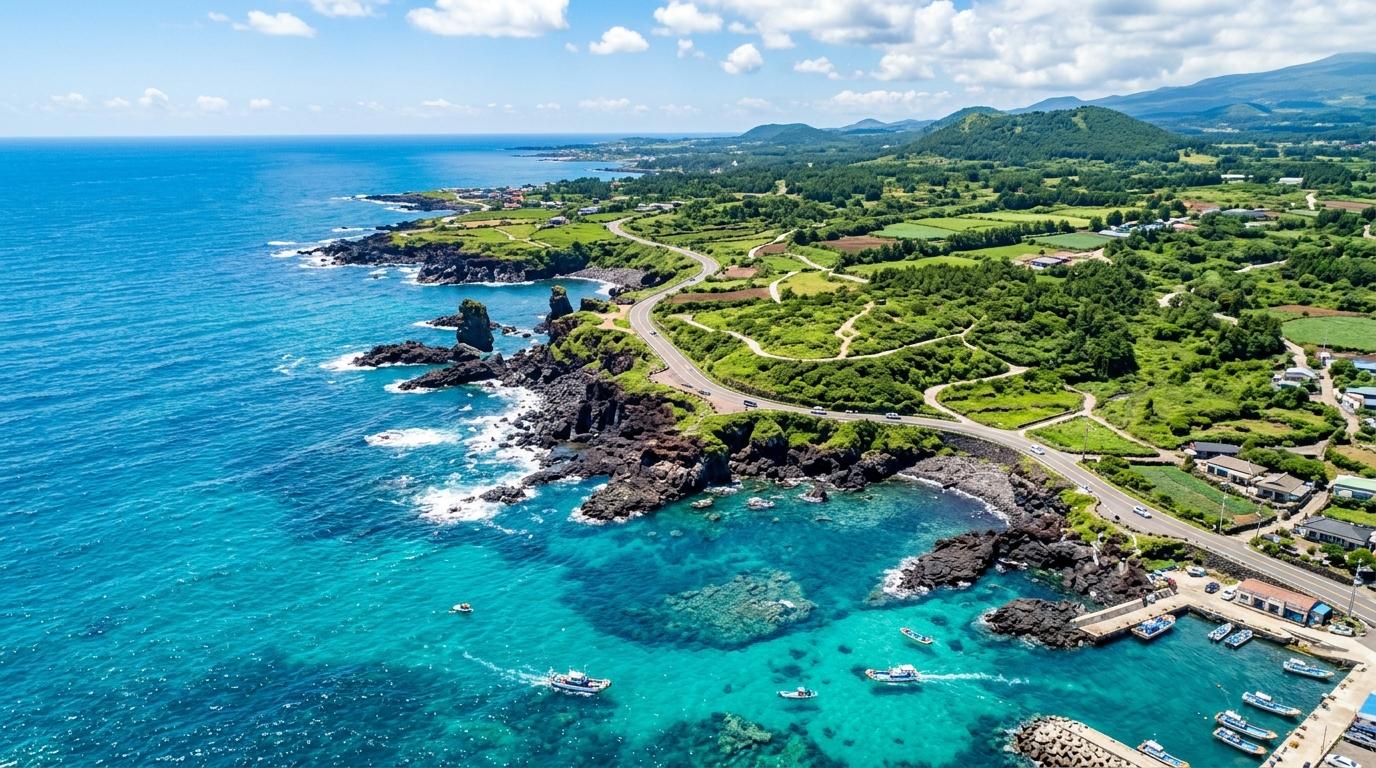 Aerial view of Jeju Island coastline with turquoise water and volcanic rocks, bright sun, photorealistic, no text