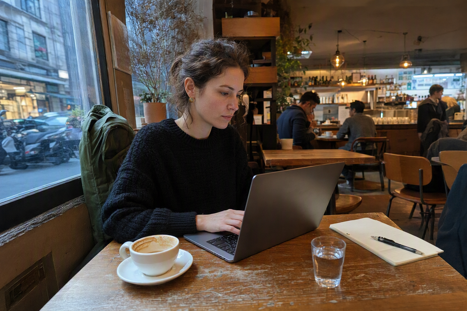 Traveler checking flight prices on a laptop at a cozy cafe, blurred screen, bright natural light, photorealistic, no text