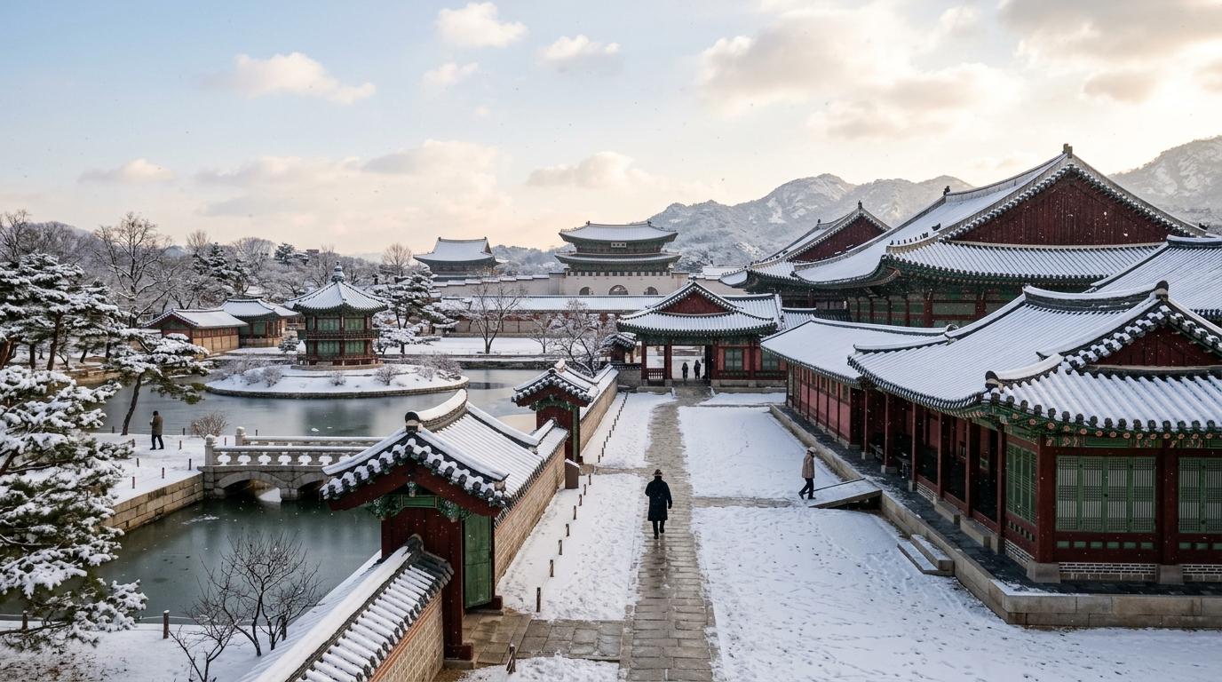 Peaceful winter morning in Seoul with light snow on traditional palace roofs, soft sunlight, photorealistic, no text