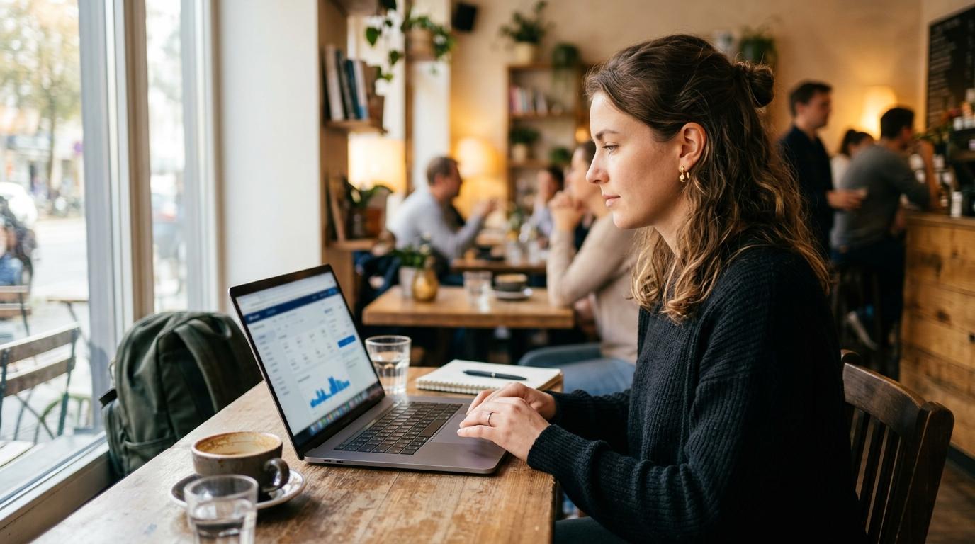 Traveler checking flight prices on a laptop at a cozy cafe, blurred screen, bright natural light, photorealistic, no text