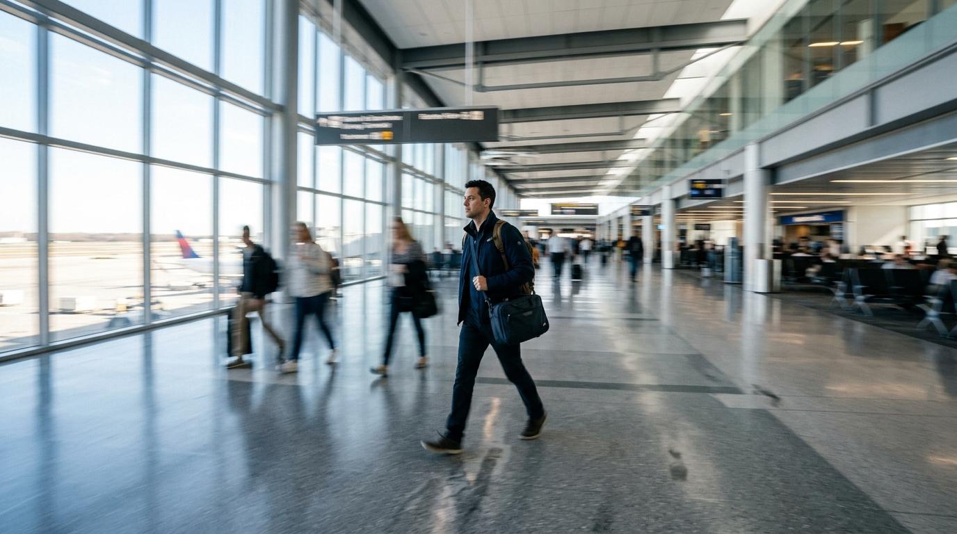 Passenger walking through a bright airport corridor with small carry-on, motion blur, photorealistic, no text