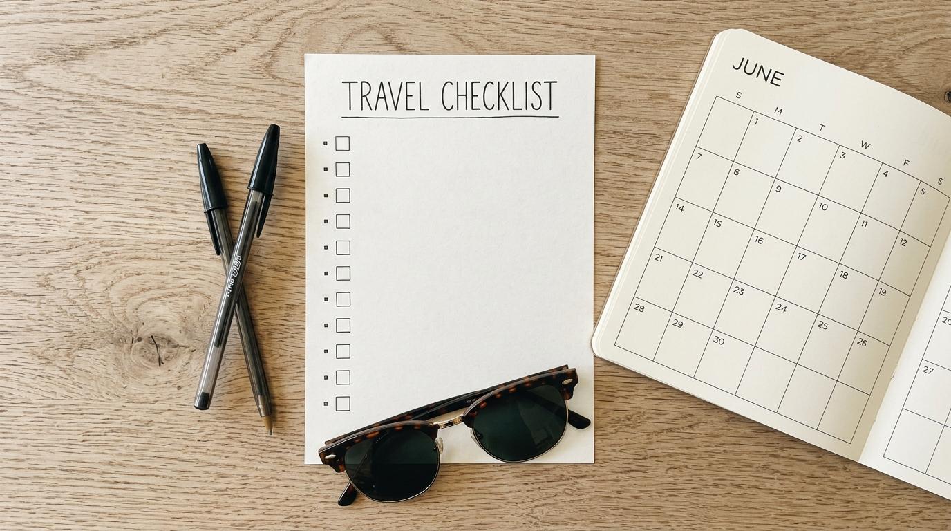 Flat lay of a simple travel checklist with a pen, sunglasses, and a blank calendar page, bright and clean, photorealistic, no text