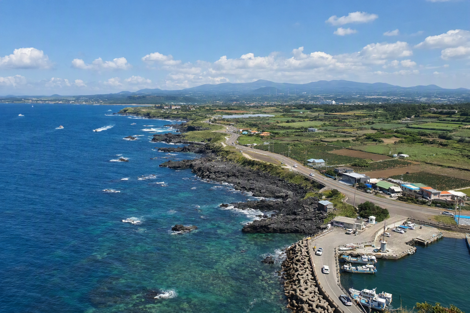 Aerial view of Jeju Island coastline with turquoise water and volcanic rocks, bright sun, photorealistic, no text